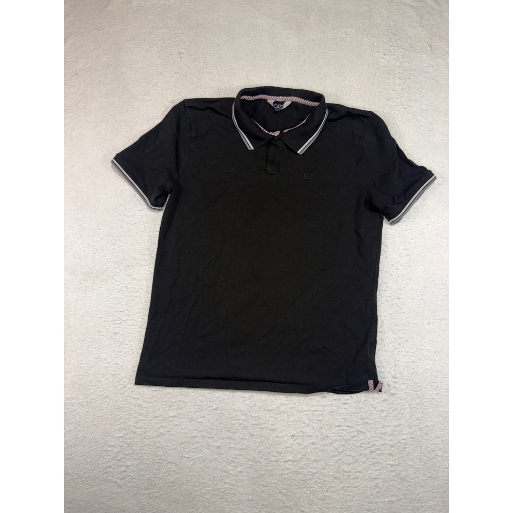Ben Sherman Mens Polo Shirt Large Black Short Sleeve Tipped Collar Logo Pique